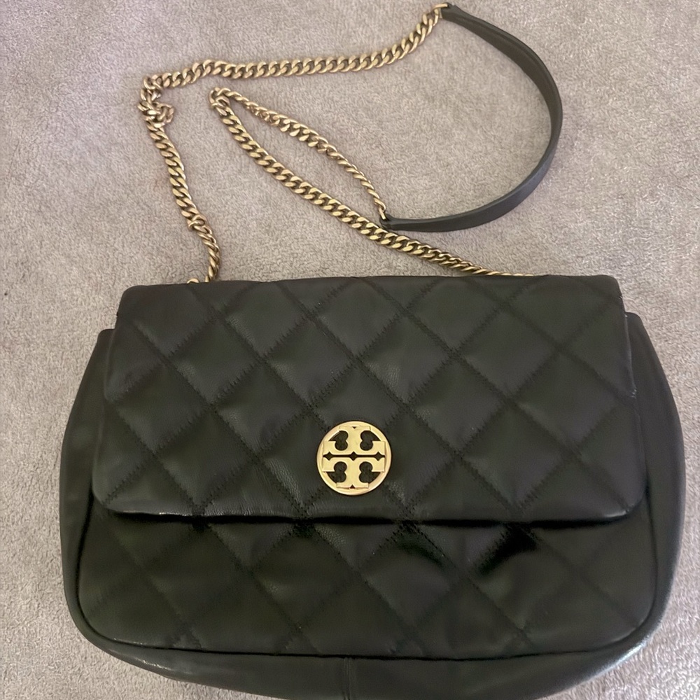 Tory Burch Black Quilted Leather Flap Bag with Gold Hardware